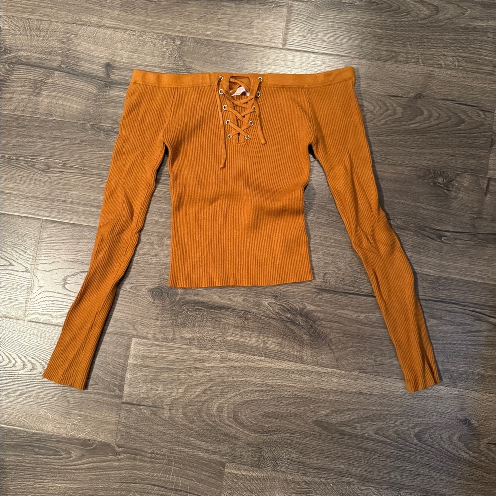 Women's Off-Shoulder Lace-Up Top - Burnt Orange